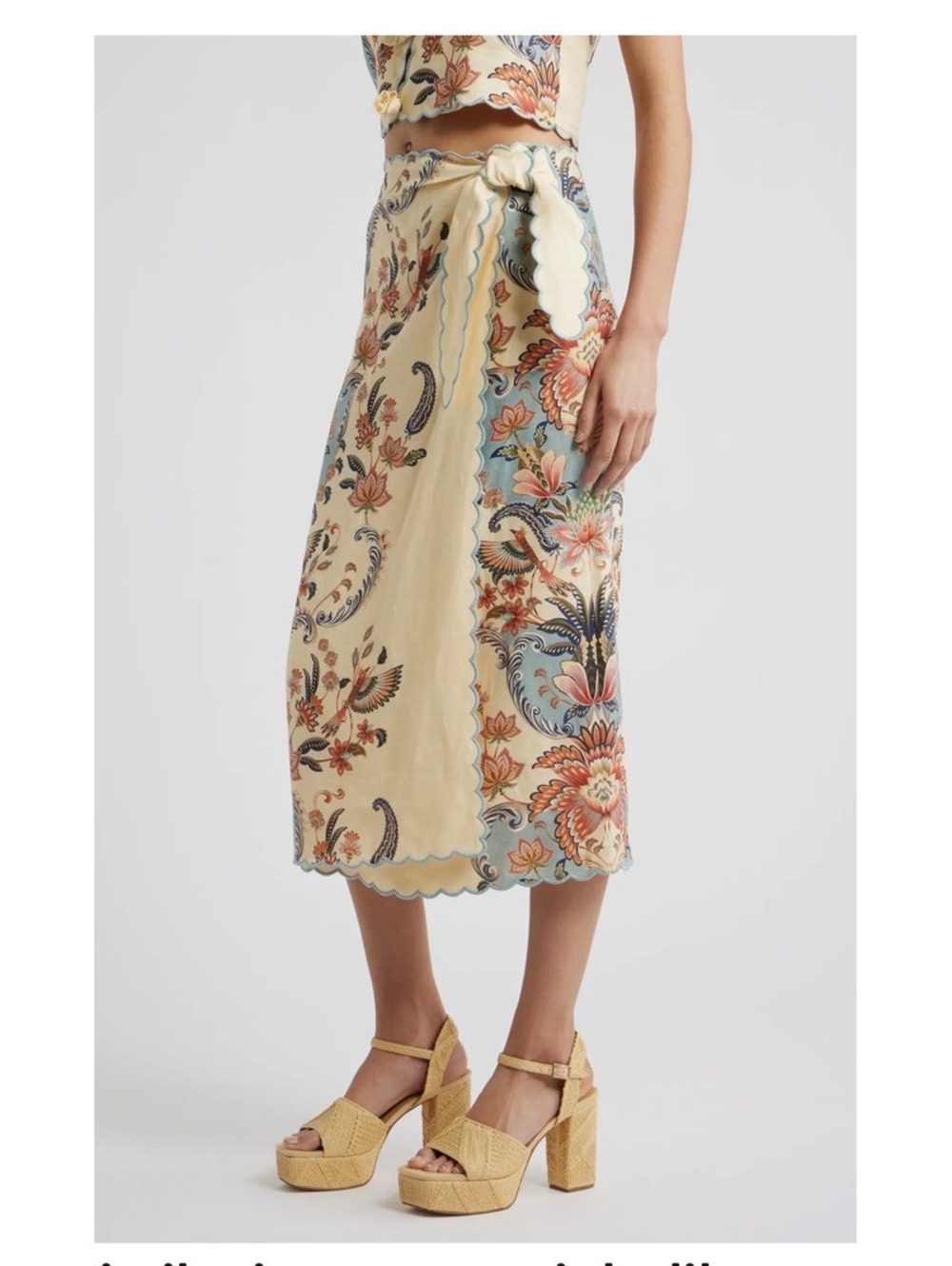 Farm Rio Boho Linen Wrap Skirt, featuring floral & Bird print scalloped edges